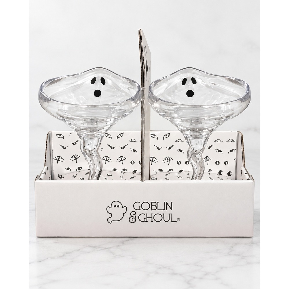 Goblin & Ghoul Ghost Margarita Glasse Set of 2 Clear Acrylic 10oz Halloween NEW